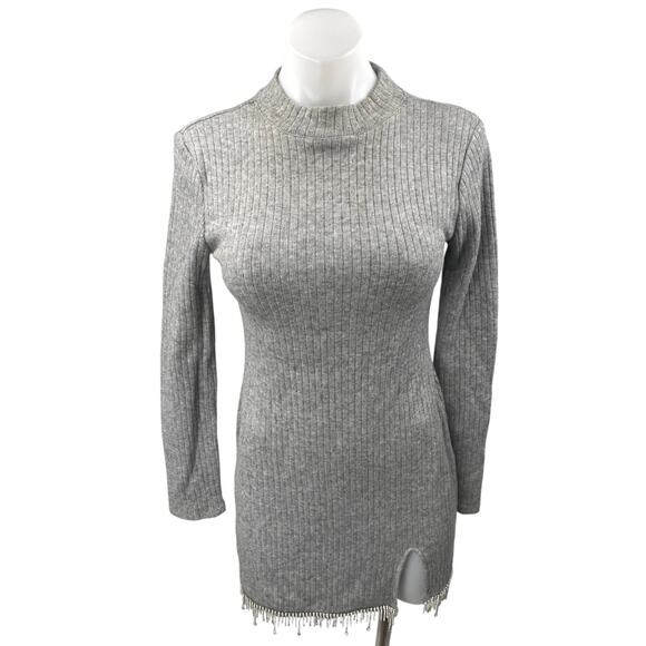 Zara Gray Rib Knit Jeweled Rhinestone Fringe Long Sleeve Mini Bodycon Dress Sz M - Picture 1 of 4